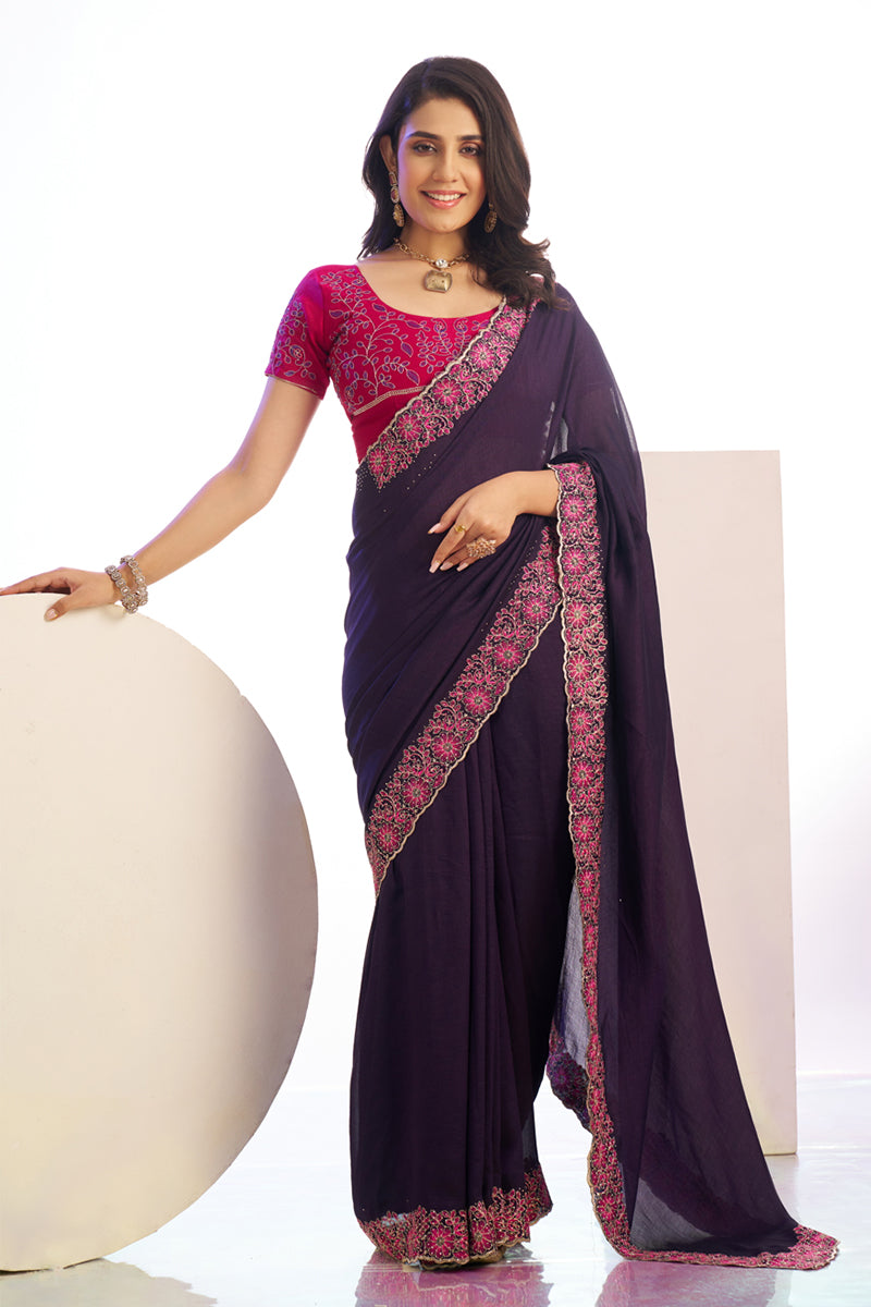 Capricious Wine Embroidery Work Premium Vichitra Silk Saree With Blouse Piece