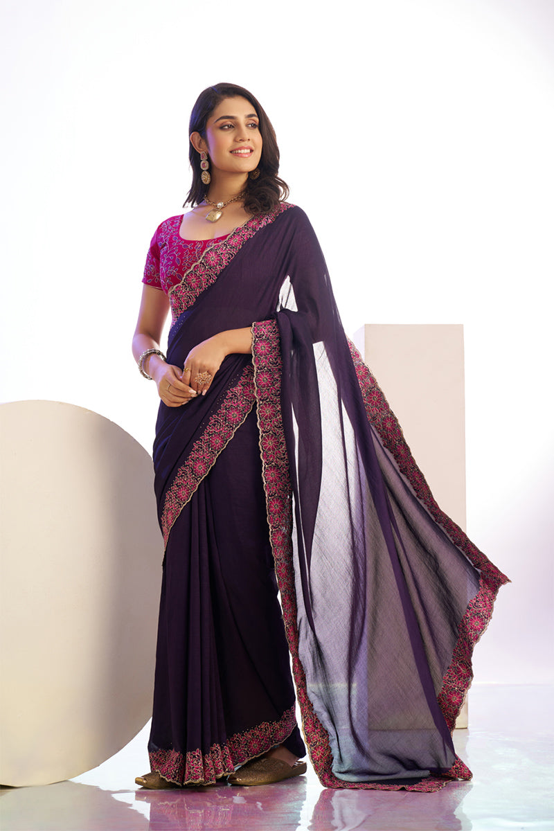 Capricious Wine Embroidery Work Premium Vichitra Silk Saree With Blouse Piece