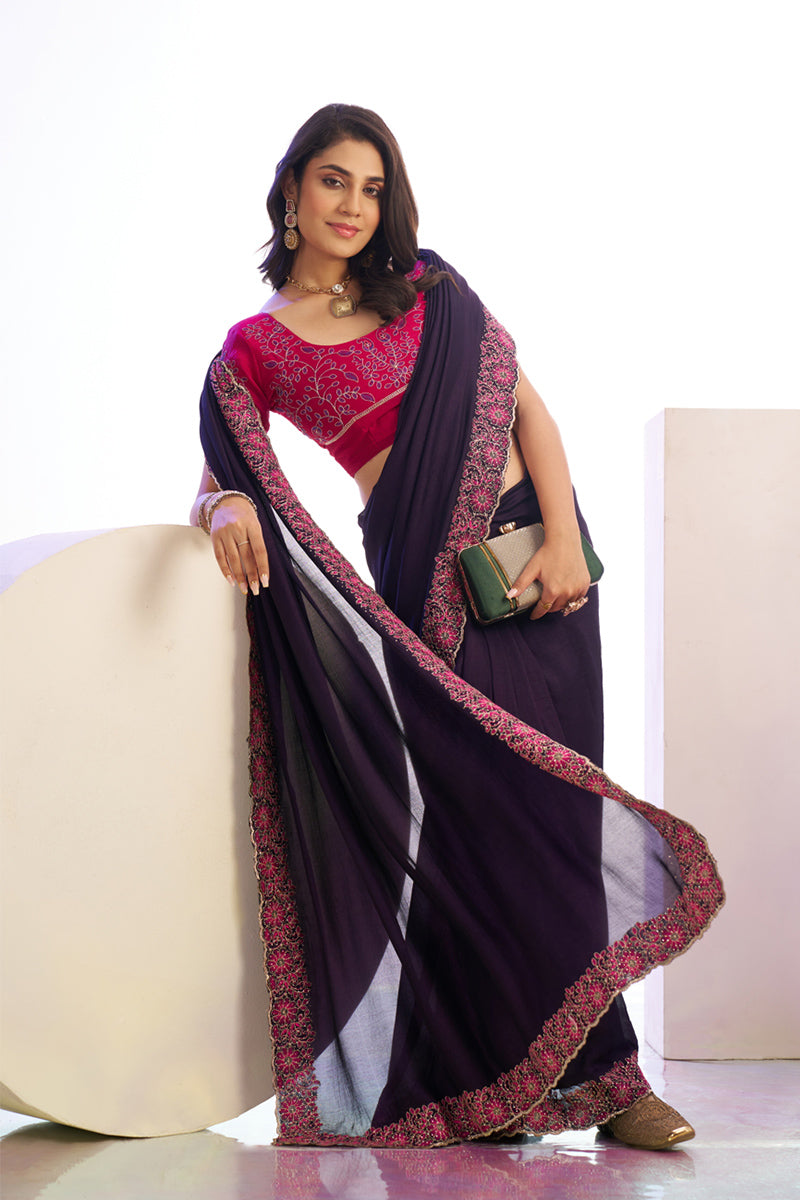Capricious Wine Embroidery Work Premium Vichitra Silk Saree With Blouse Piece