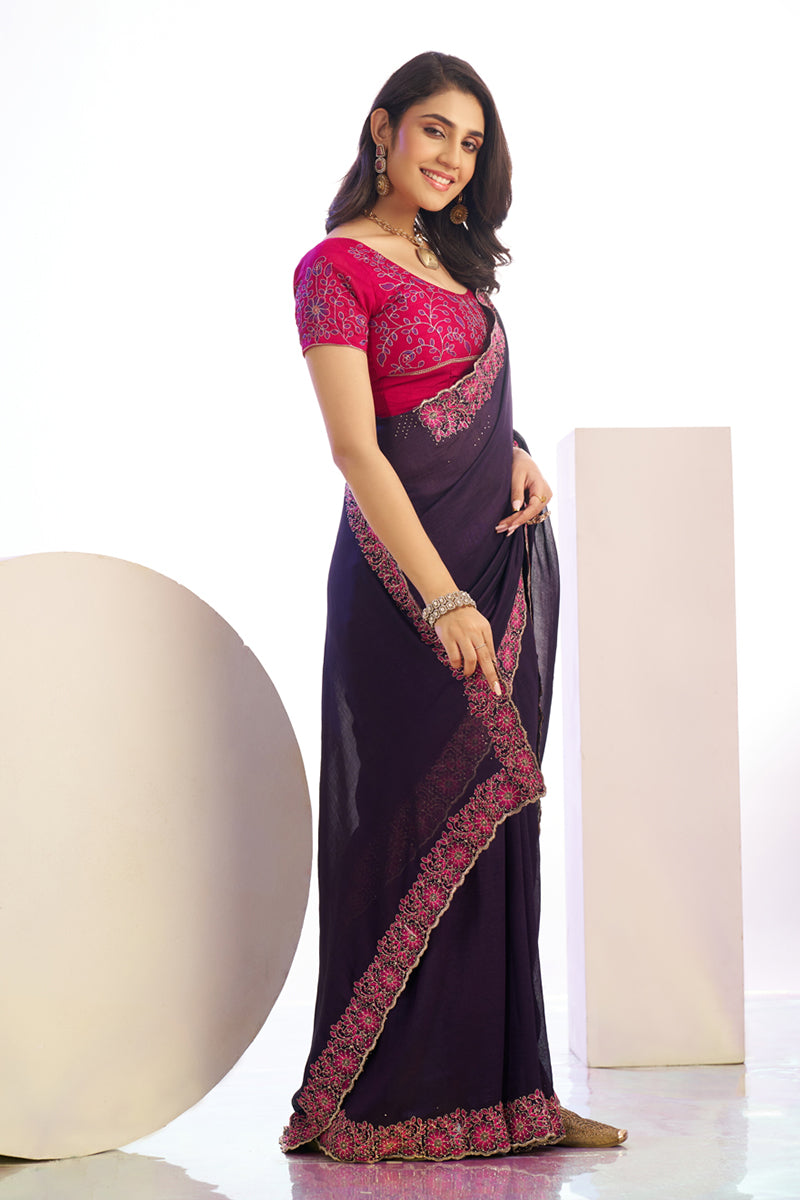 Capricious Wine Embroidery Work Premium Vichitra Silk Saree With Blouse Piece