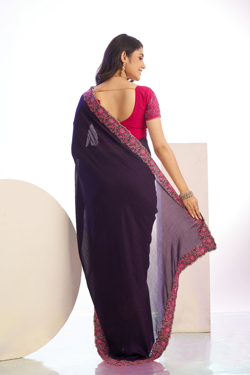 Capricious Wine Embroidery Work Premium Vichitra Silk Saree With Blouse Piece