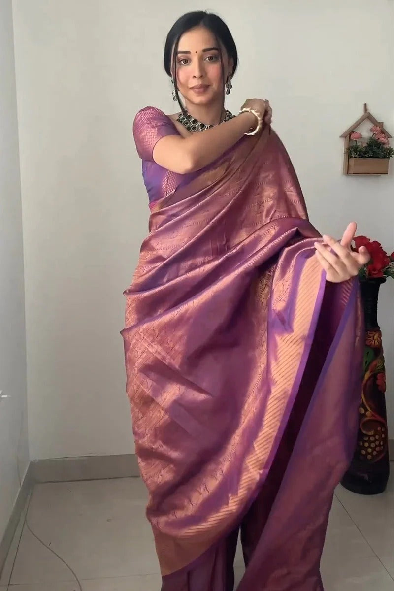 Lagniappe 1-Minute Ready To Wear Purple Kanjivaram Silk Saree