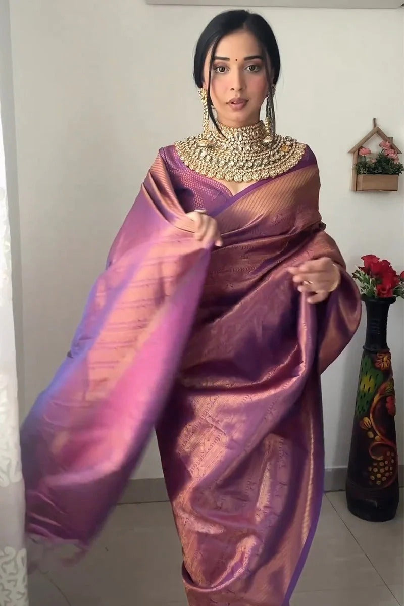 Lagniappe 1-Minute Ready To Wear Purple Kanjivaram Silk Saree