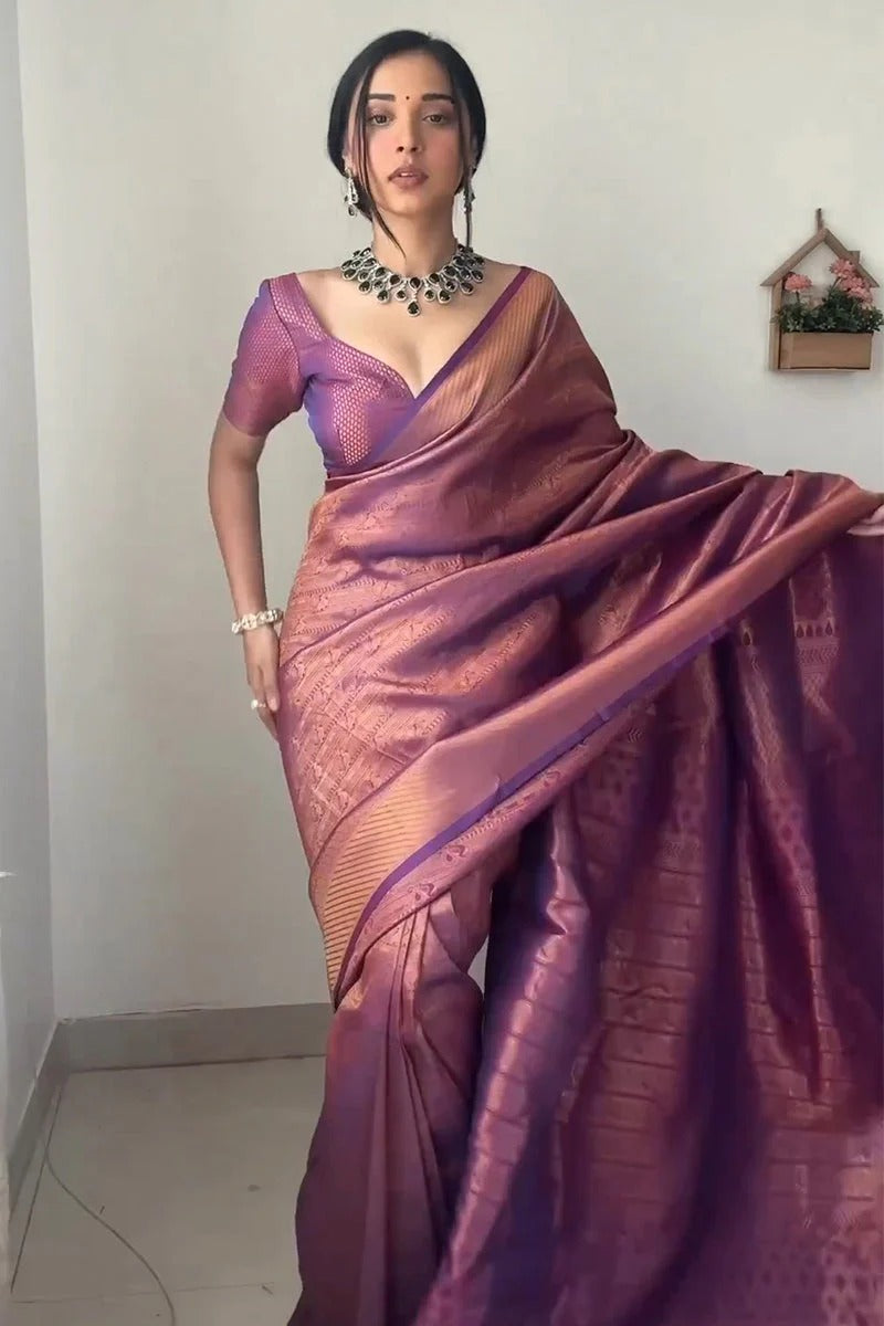 Lagniappe 1-Minute Ready To Wear Purple Kanjivaram Silk Saree