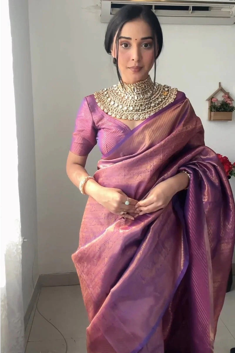 Lagniappe 1-Minute Ready To Wear Purple Kanjivaram Silk Saree