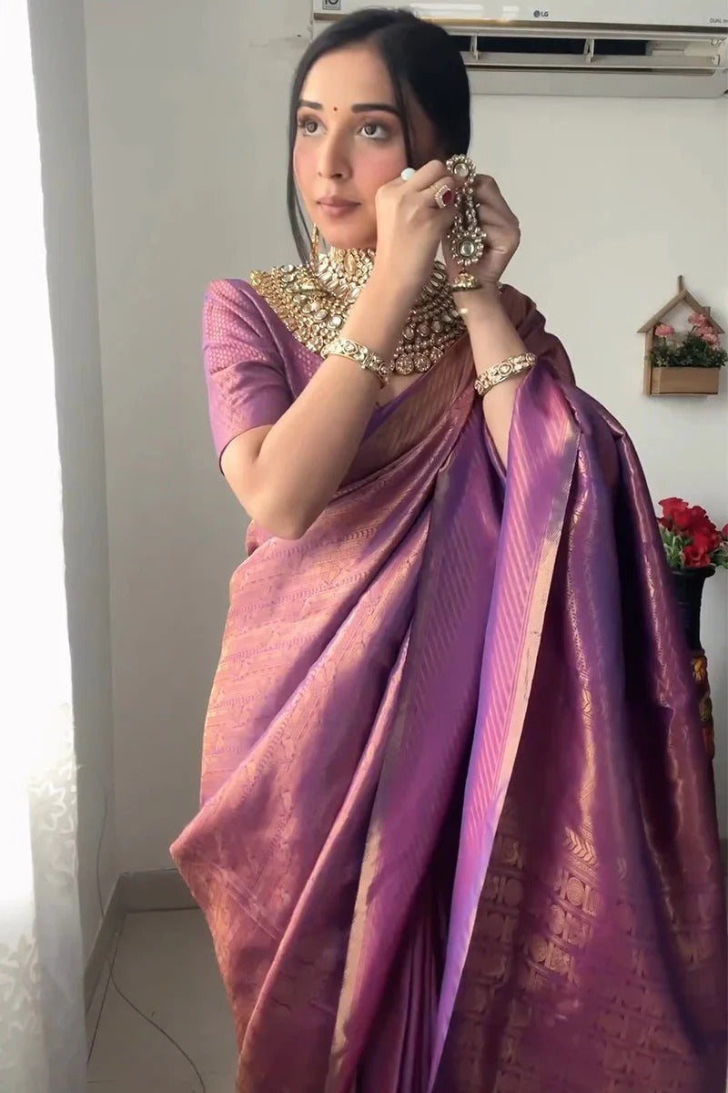 Lagniappe 1-Minute Ready To Wear Purple Kanjivaram Silk Saree