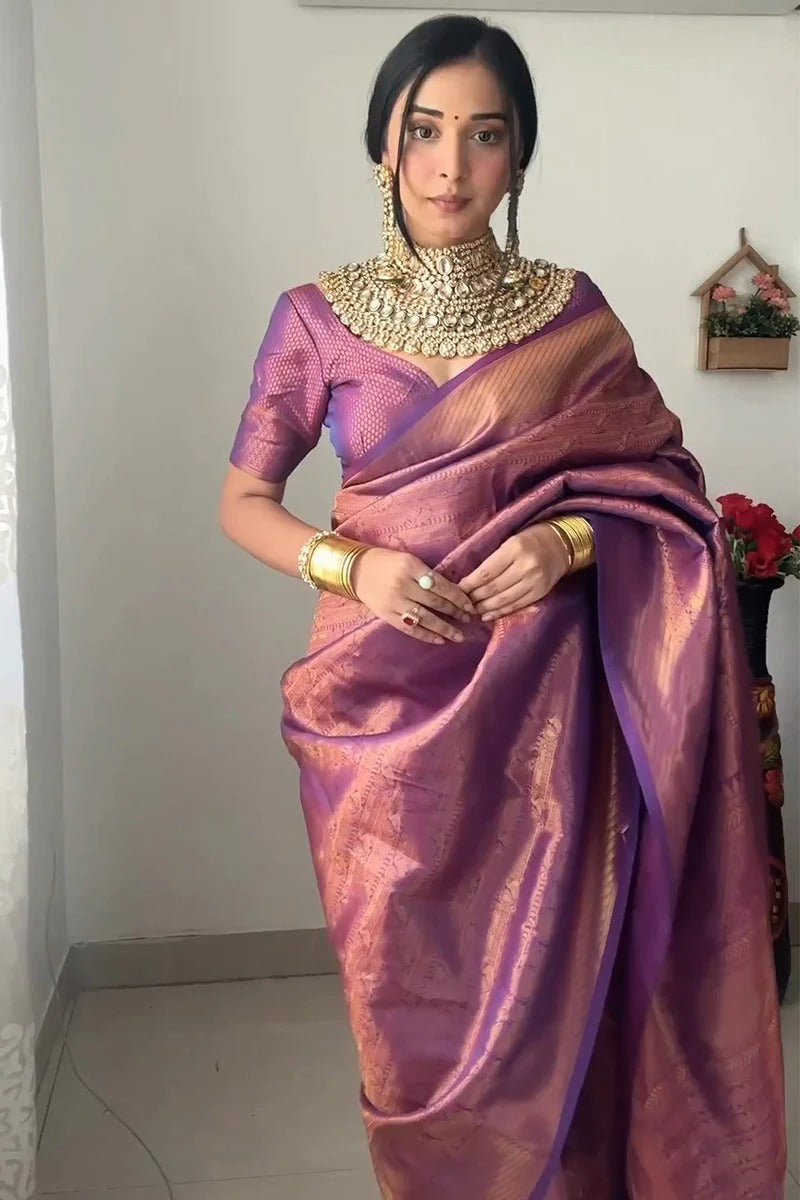 Lagniappe 1-Minute Ready To Wear Purple Kanjivaram Silk Saree