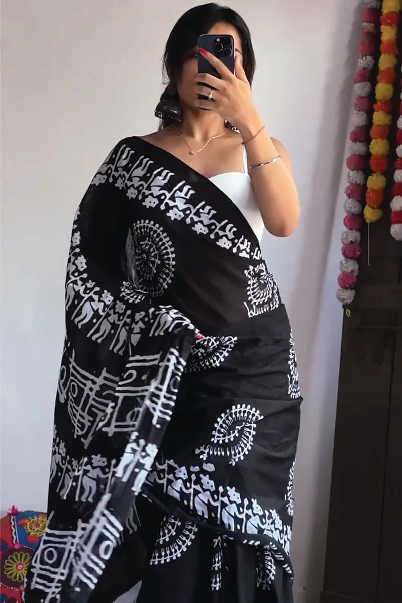 Demanding 1 Minute Ready To Wear Black Cotton Digital Print Saree