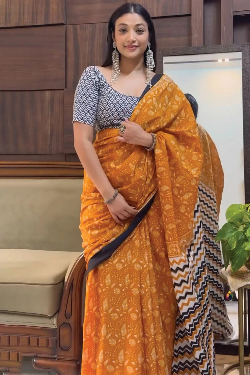Elaborate 1 Minute Ready To Wear Mustered Cotton Digital Print Saree
