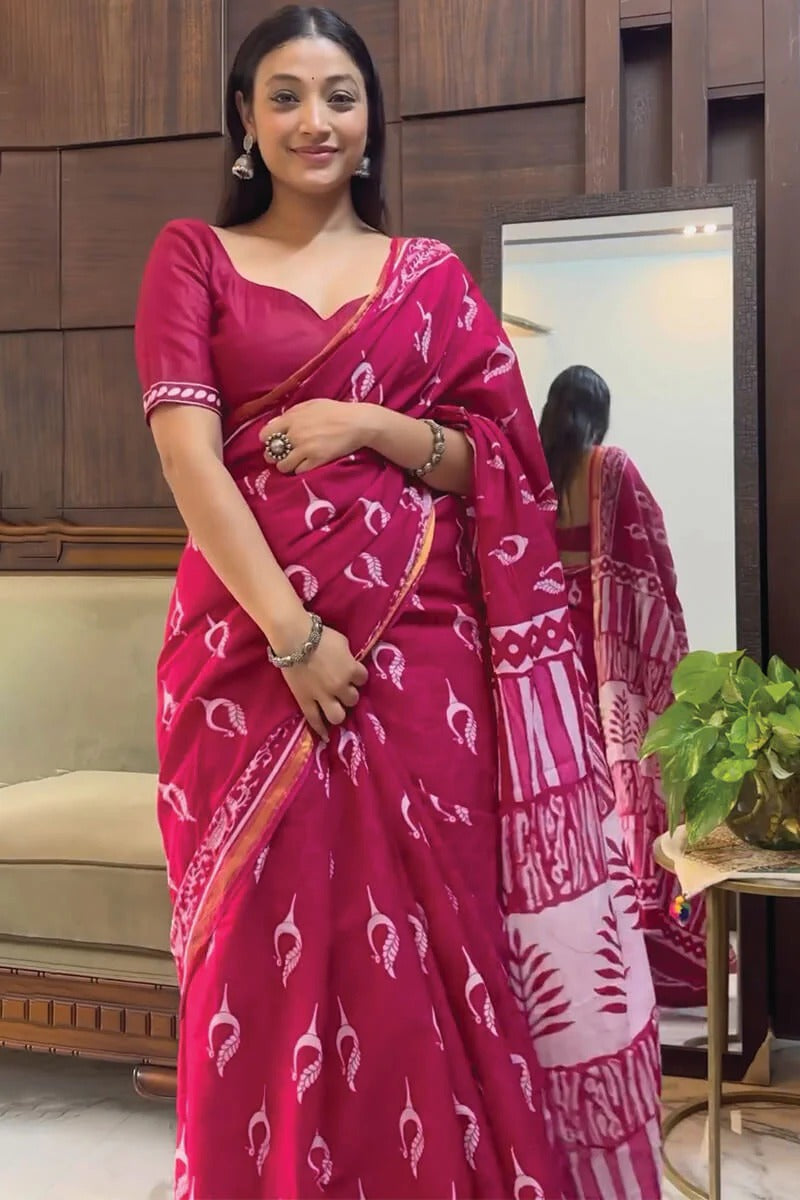 Jazzy 1 Minute Ready To Wear Dark Pink Cotton Digital Print Saree