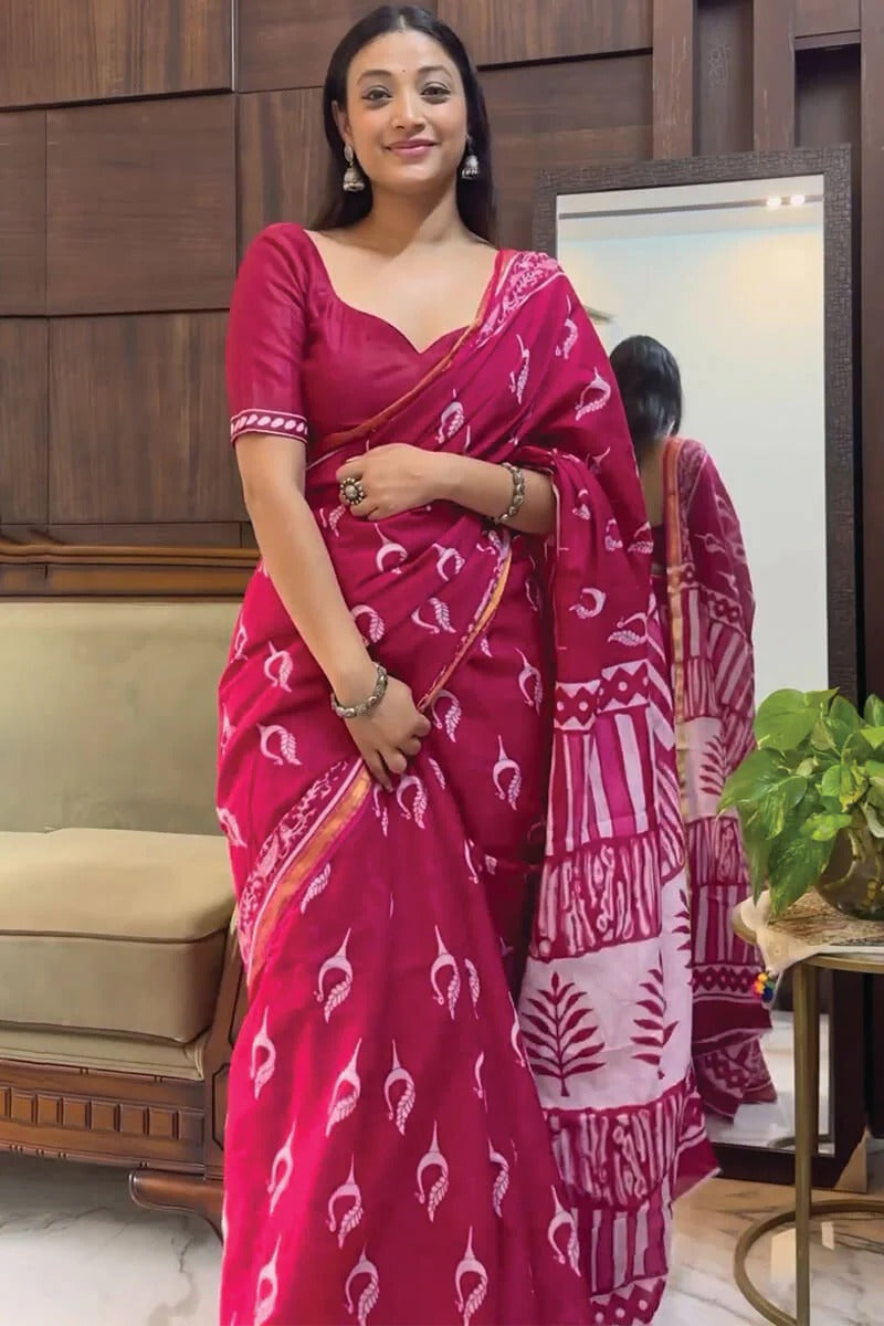 Jazzy 1 Minute Ready To Wear Dark Pink Cotton Digital Print Saree