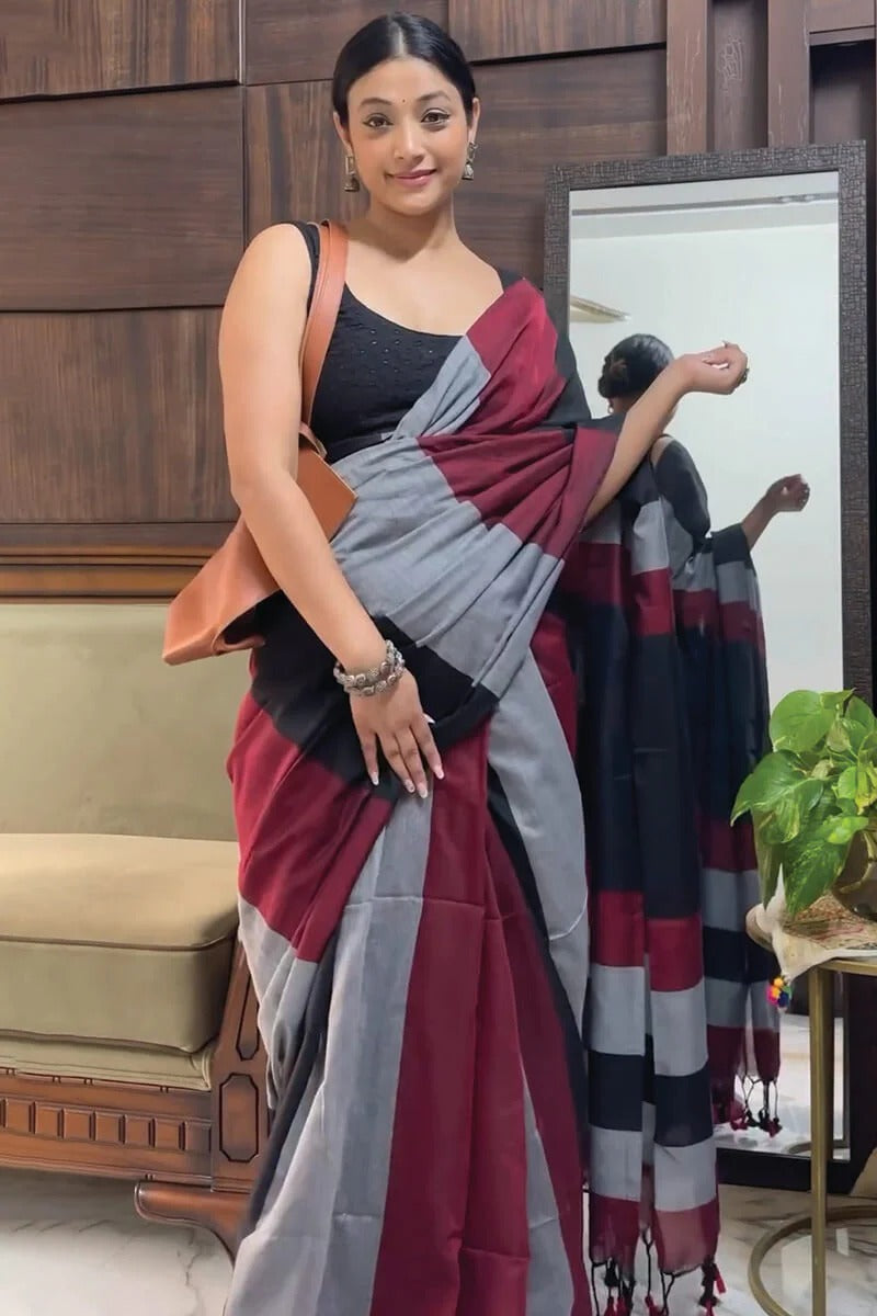 Luxuriant 1 Minute Ready To Wear Grey And Maroon Cotton Digital Print Saree