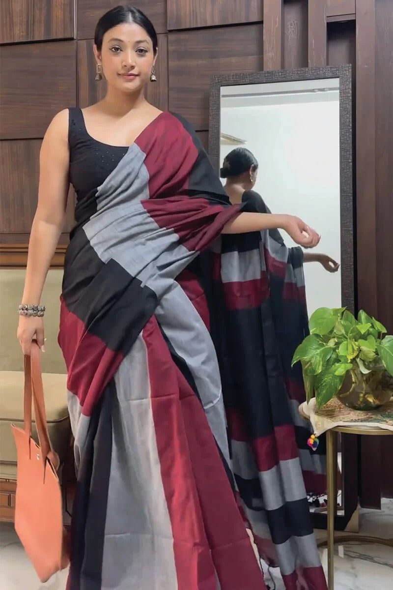 Luxuriant 1 Minute Ready To Wear Grey And Maroon Cotton Digital Print Saree