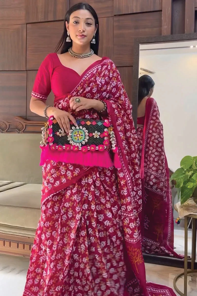 Pleasant 1 Minute Ready To Wear Dark Pink Cotton Digital Print Saree