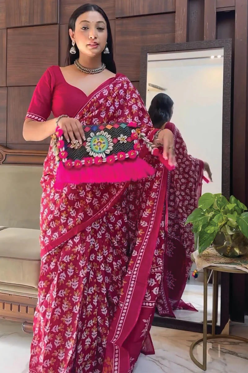 Pleasant 1 Minute Ready To Wear Dark Pink Cotton Digital Print Saree
