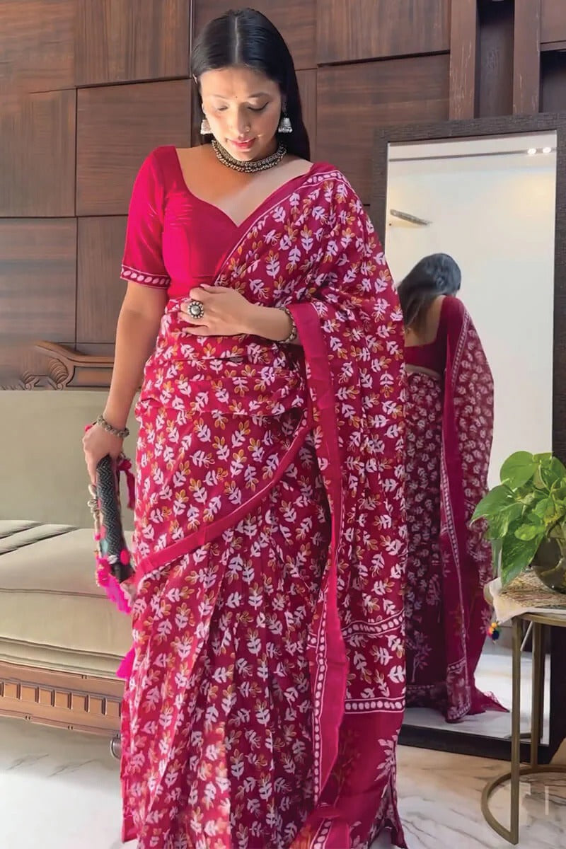 Pleasant 1 Minute Ready To Wear Dark Pink Cotton Digital Print Saree