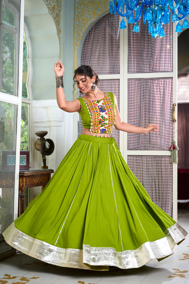 Sakhi Parrot Green Lehenga Choli with Gamthi Embroidered Blouse