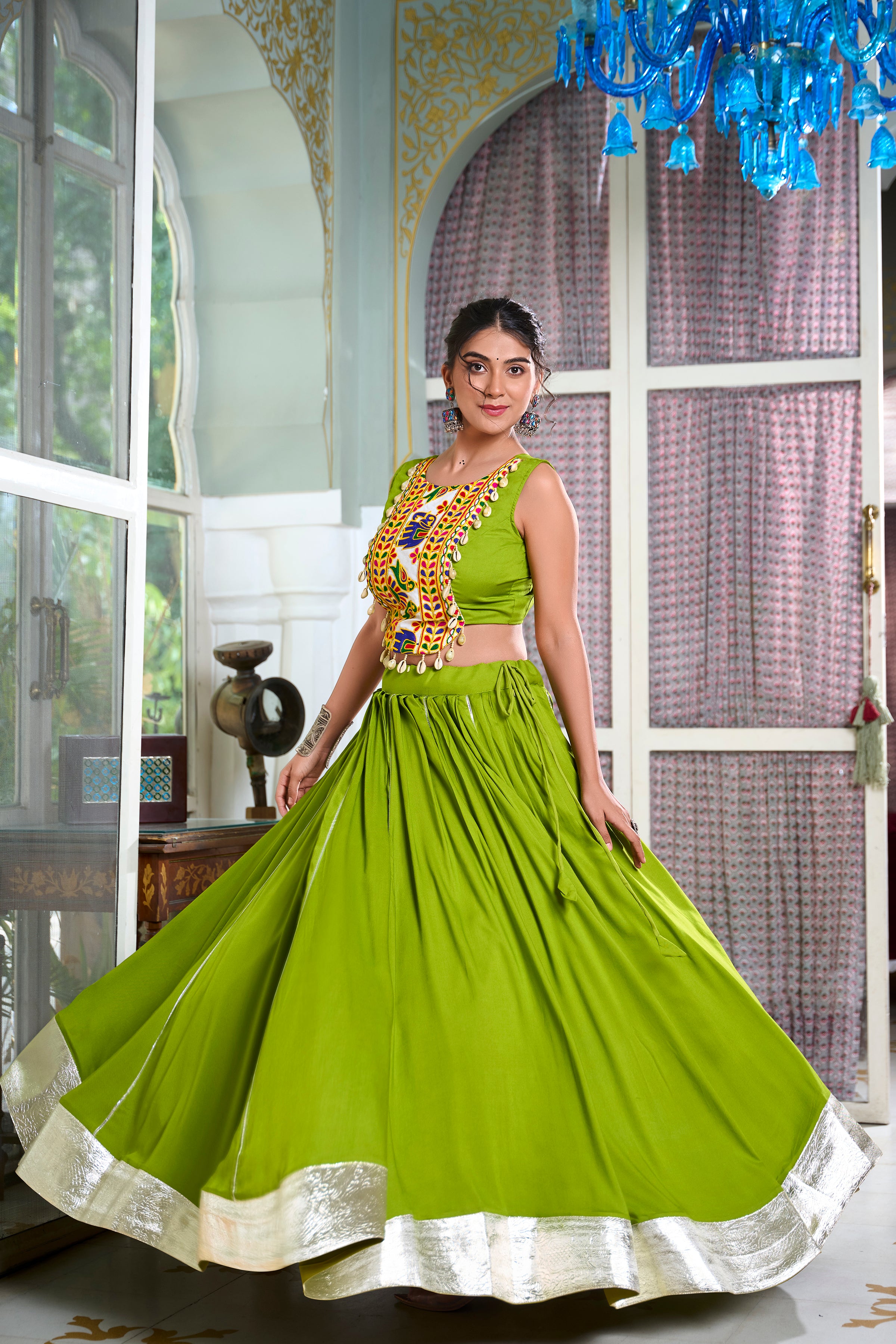 Sakhi Parrot Green Lehenga Choli with Gamthi Embroidered Blouse