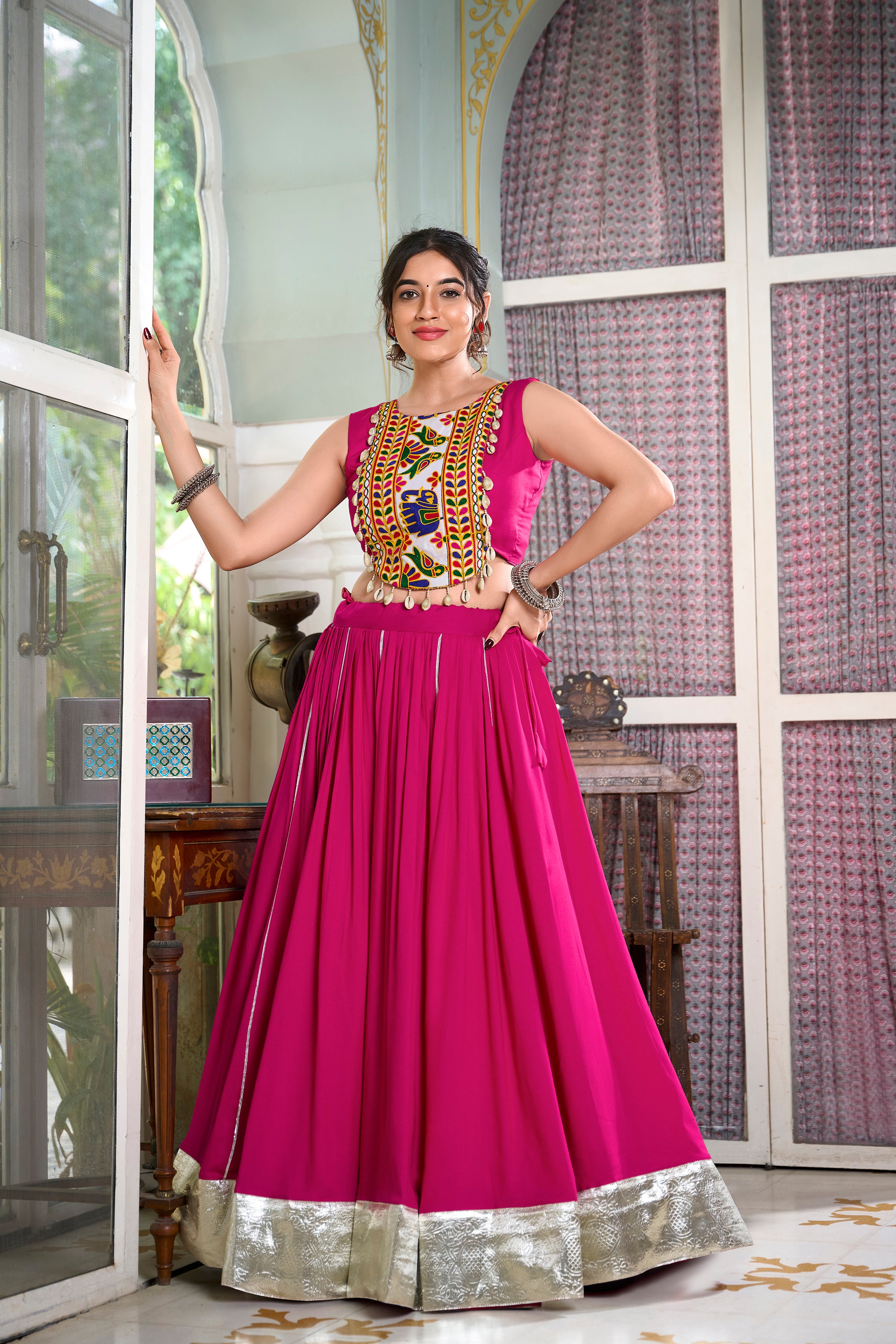Sakhi Pink Lehenga Choli with Gamthi Embroidered Blouse