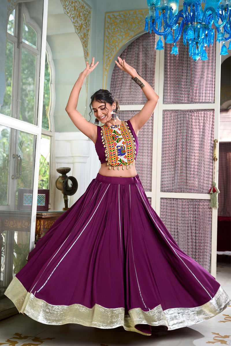 Sakhi Wine Lehenga Choli with Gamthi Embroidered Blouse