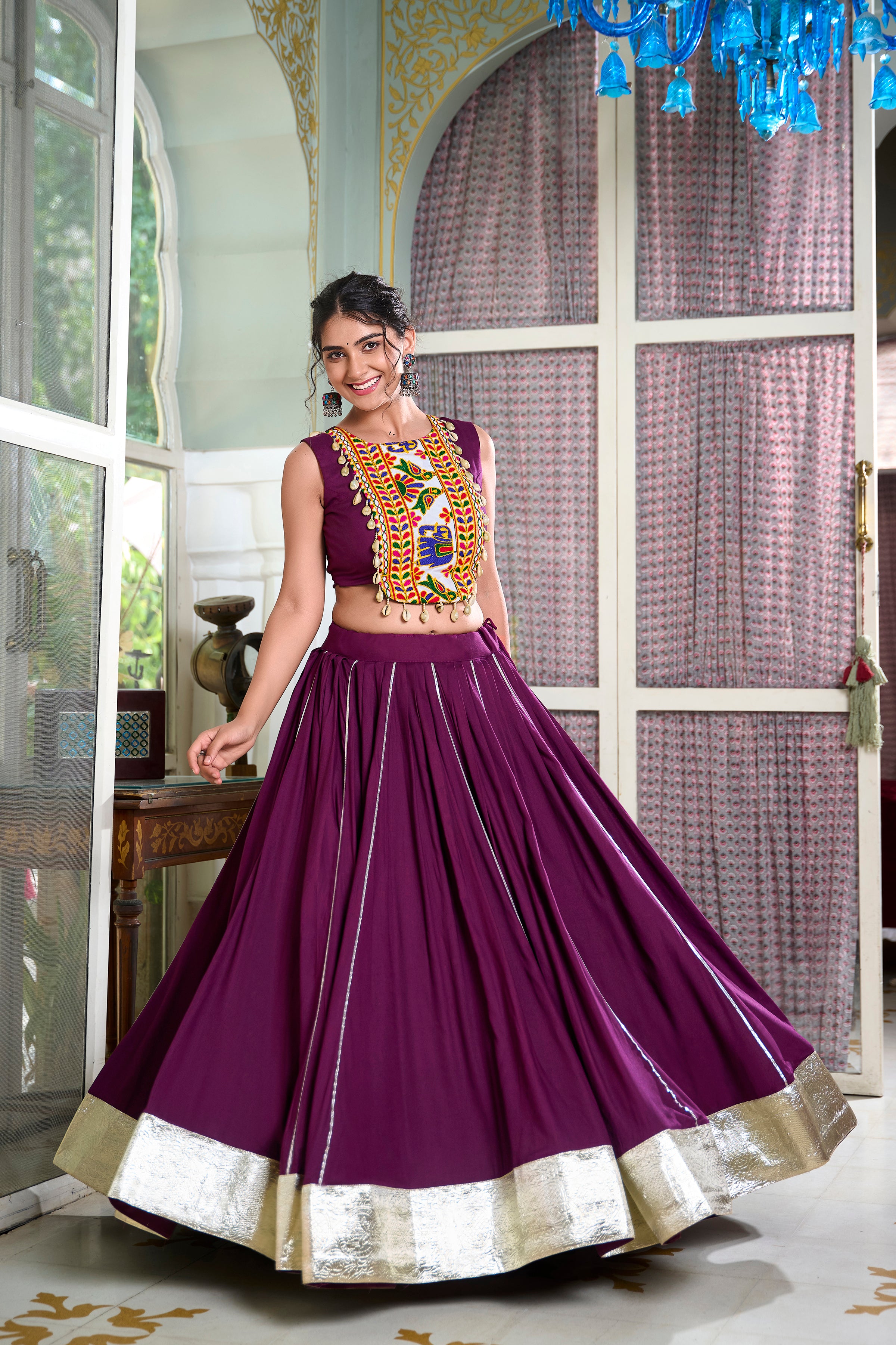 Sakhi Wine Lehenga Choli with Gamthi Embroidered Blouse