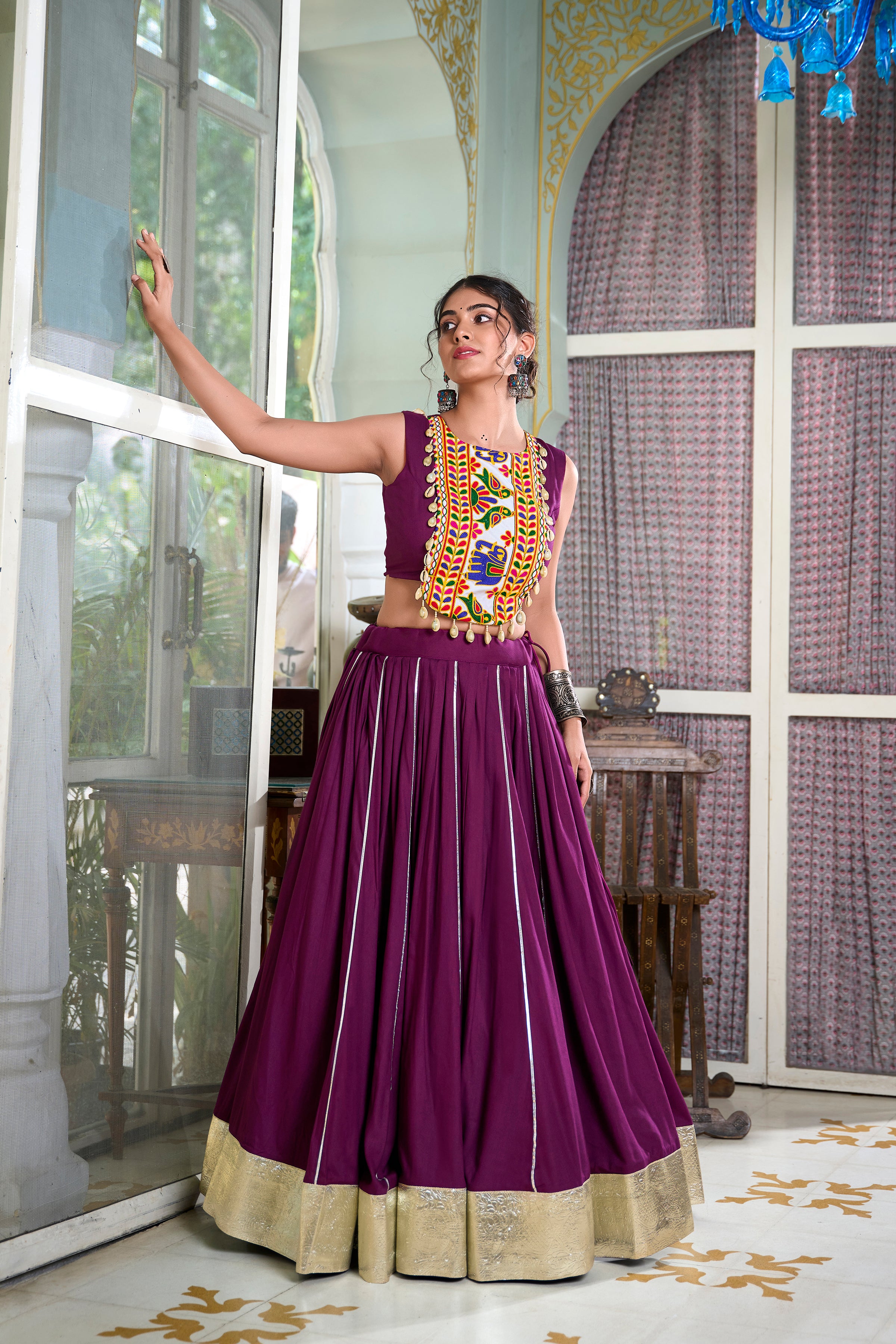Sakhi Wine Lehenga Choli with Gamthi Embroidered Blouse