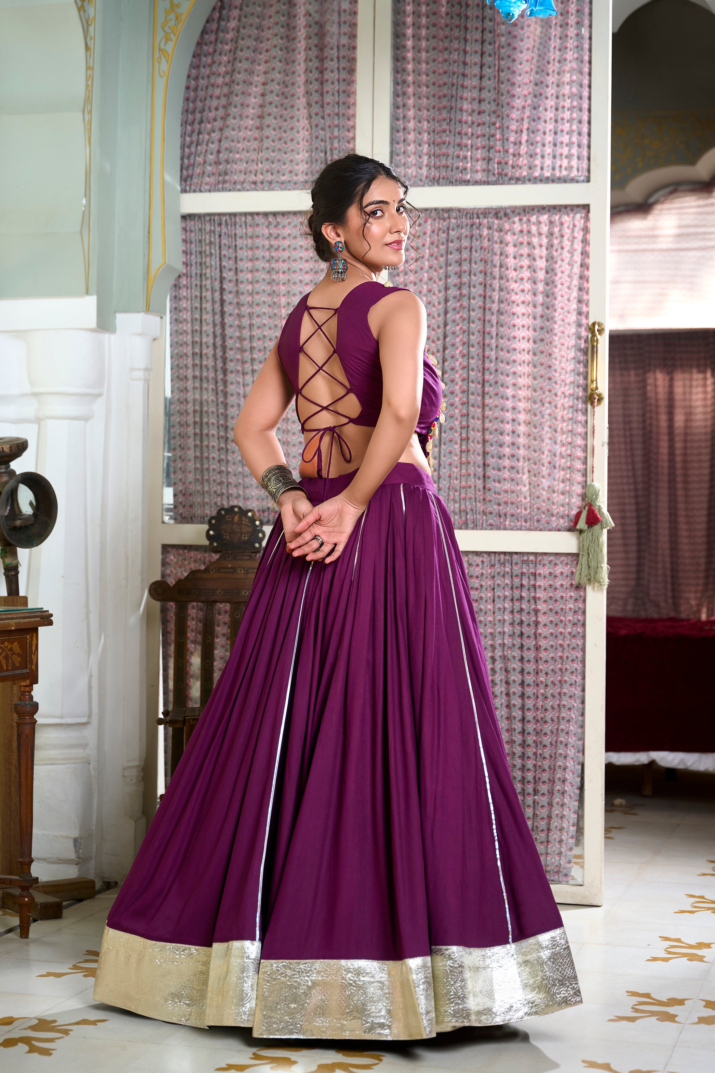 Sakhi Wine Lehenga Choli with Gamthi Embroidered Blouse