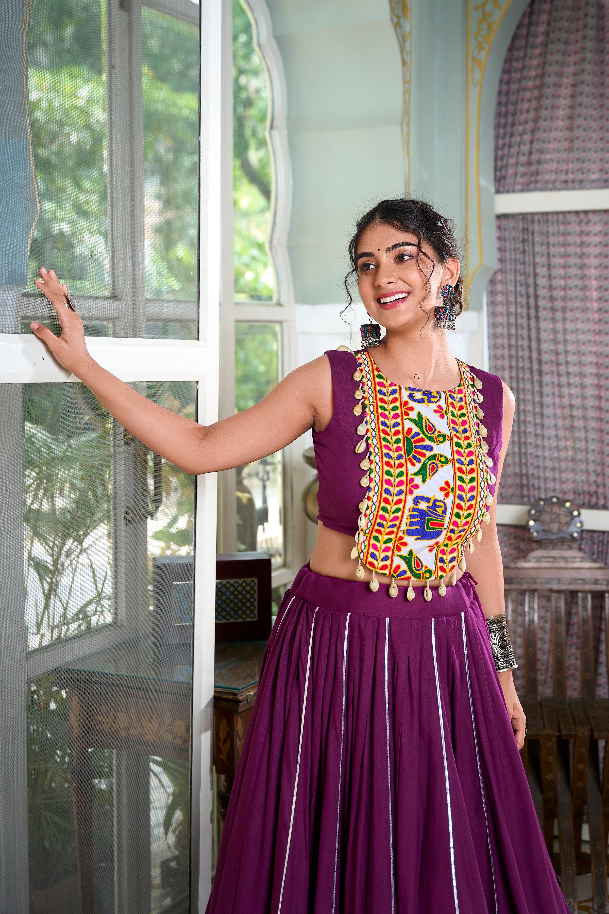 Sakhi Wine Lehenga Choli with Gamthi Embroidered Blouse