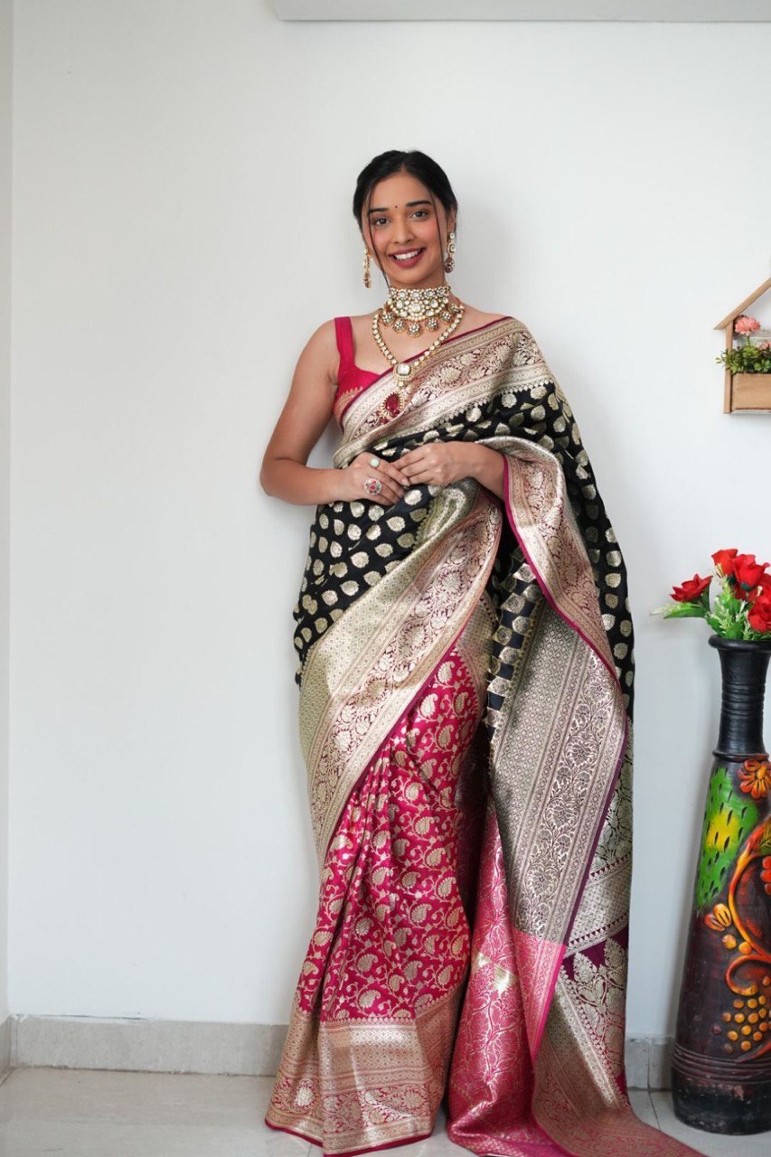 Radiant 1-Minute Ready To Wear Black And Pink Soft Silk Saree