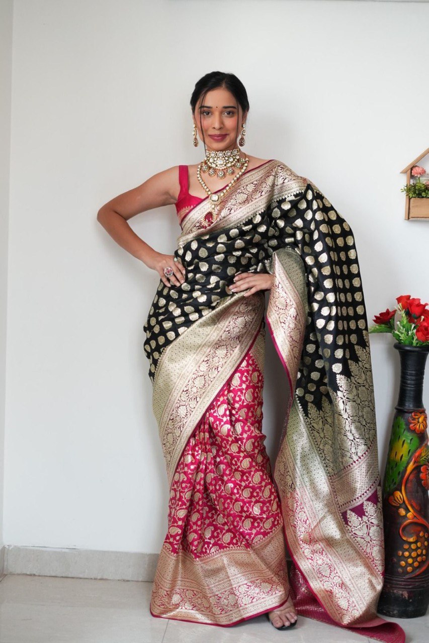 Radiant 1-Minute Ready To Wear Black And Pink Soft Silk Saree