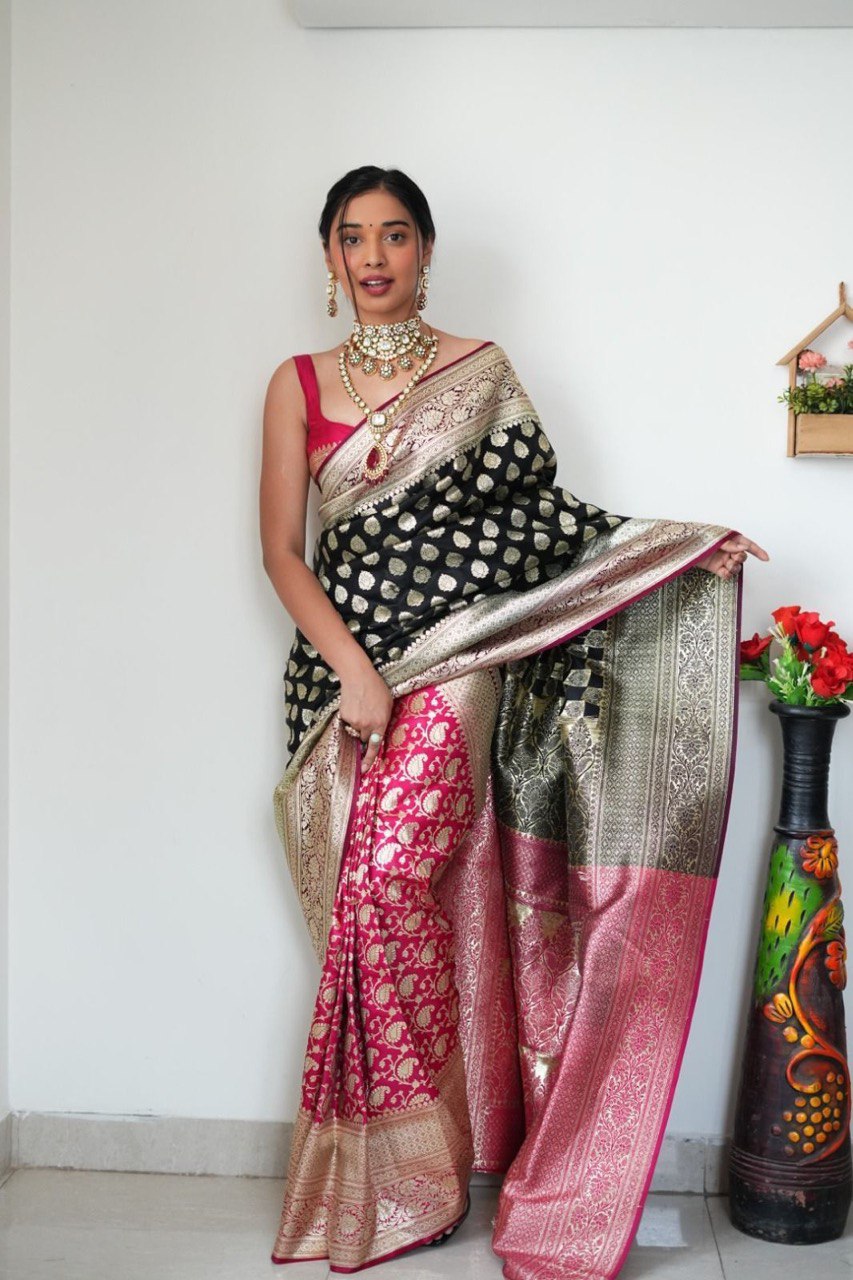 Radiant 1-Minute Ready To Wear Black And Pink Soft Silk Saree