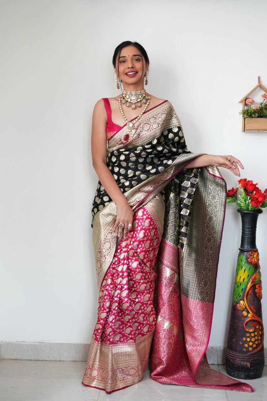 Radiant 1-Minute Ready To Wear Black And Pink Soft Silk Saree