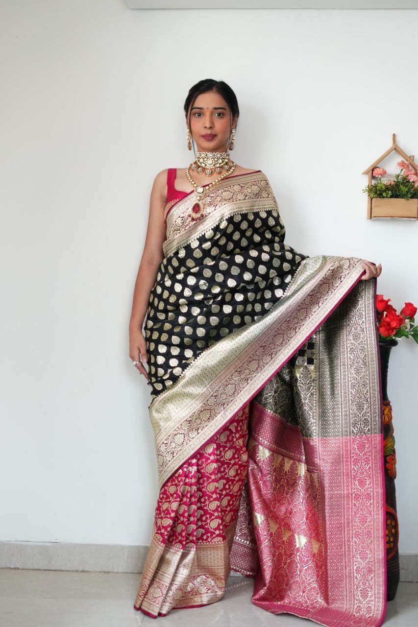 Radiant 1-Minute Ready To Wear Black And Pink Soft Silk Saree