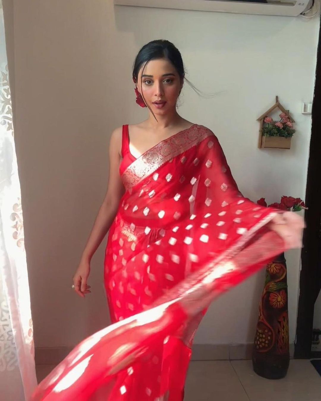 Glam 1-Minute Ready To Wear Red Cotton Silk Saree