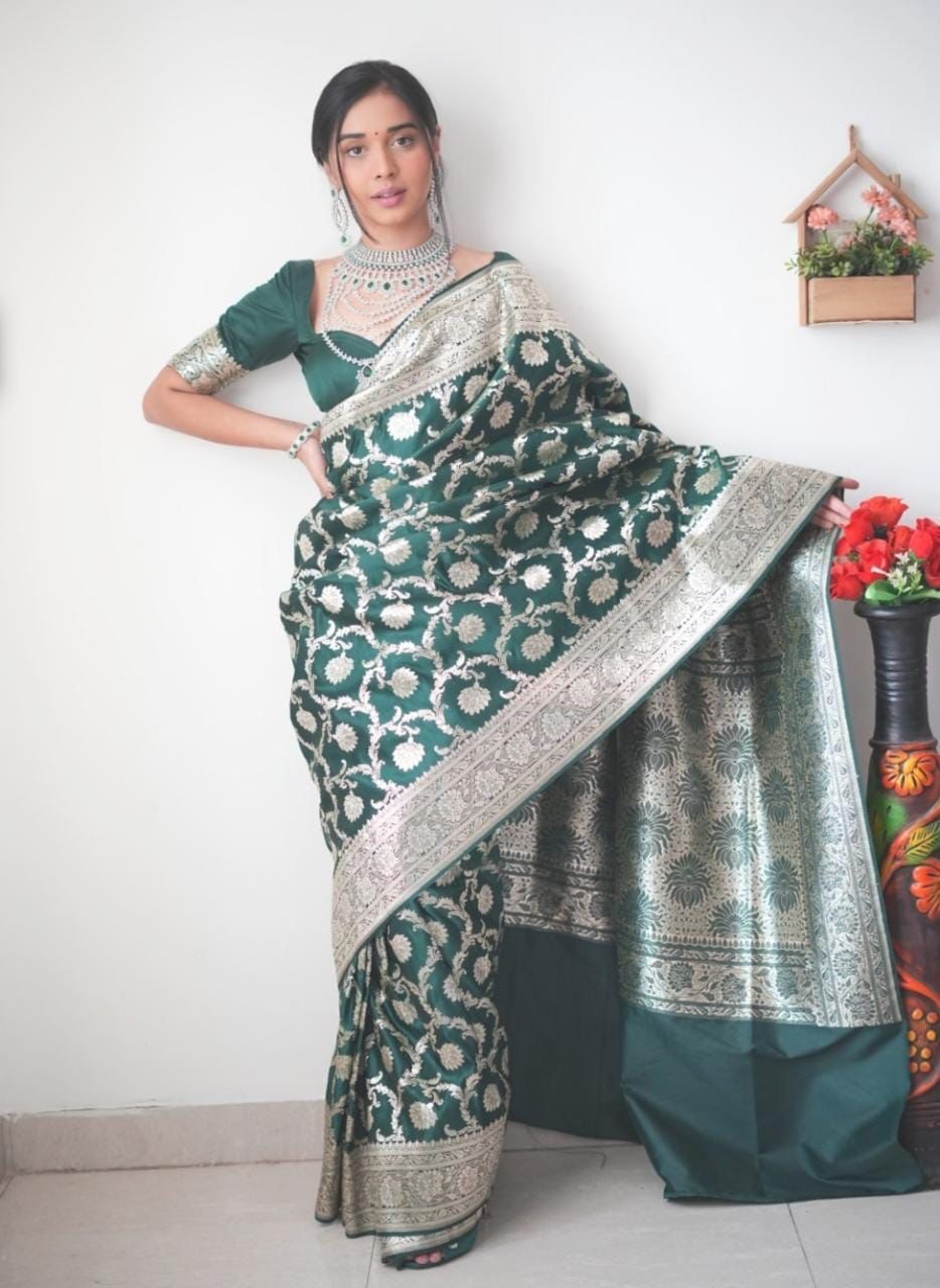 Beautiful 1-Minute Ready To Wear Green Soft Silk Saree