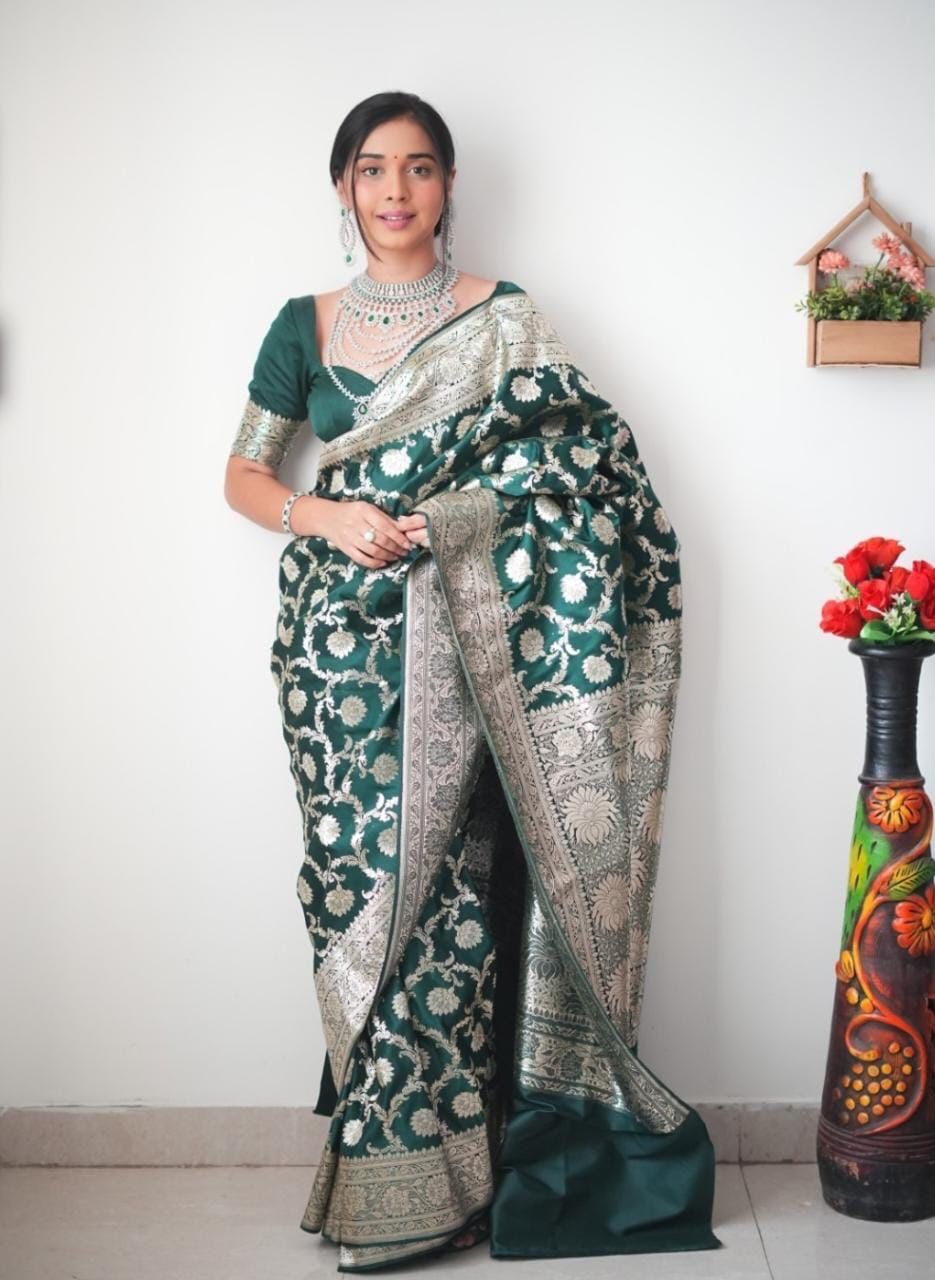 Beautiful 1-Minute Ready To Wear Green Soft Silk Saree