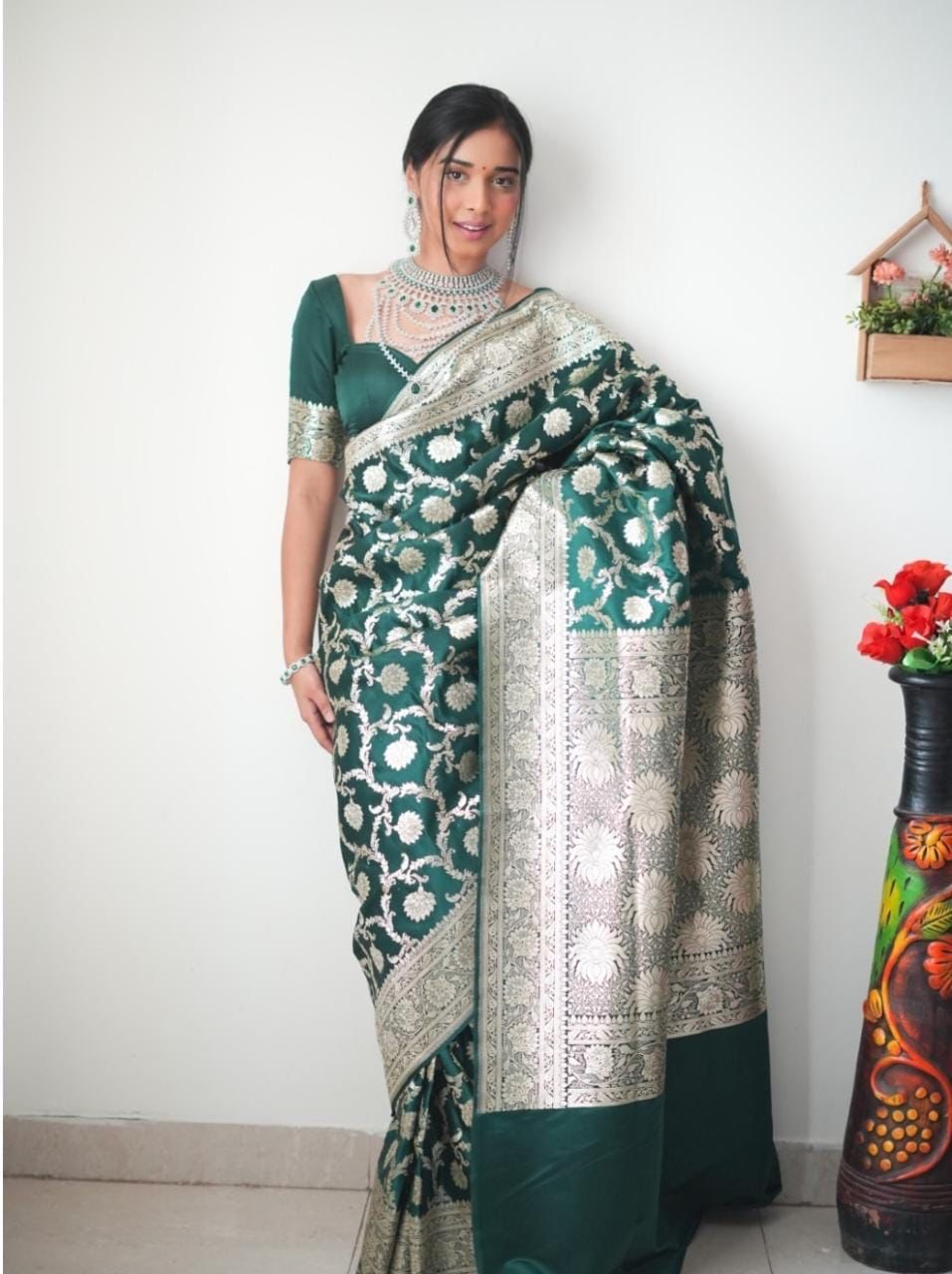 Beautiful 1-Minute Ready To Wear Green Soft Silk Saree