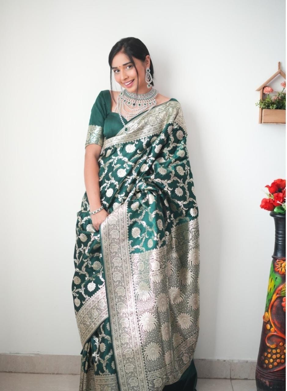 Beautiful 1-Minute Ready To Wear Green Soft Silk Saree