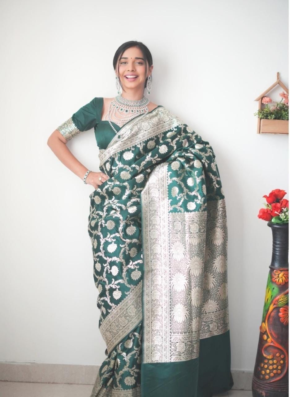 Beautiful 1-Minute Ready To Wear Green Soft Silk Saree