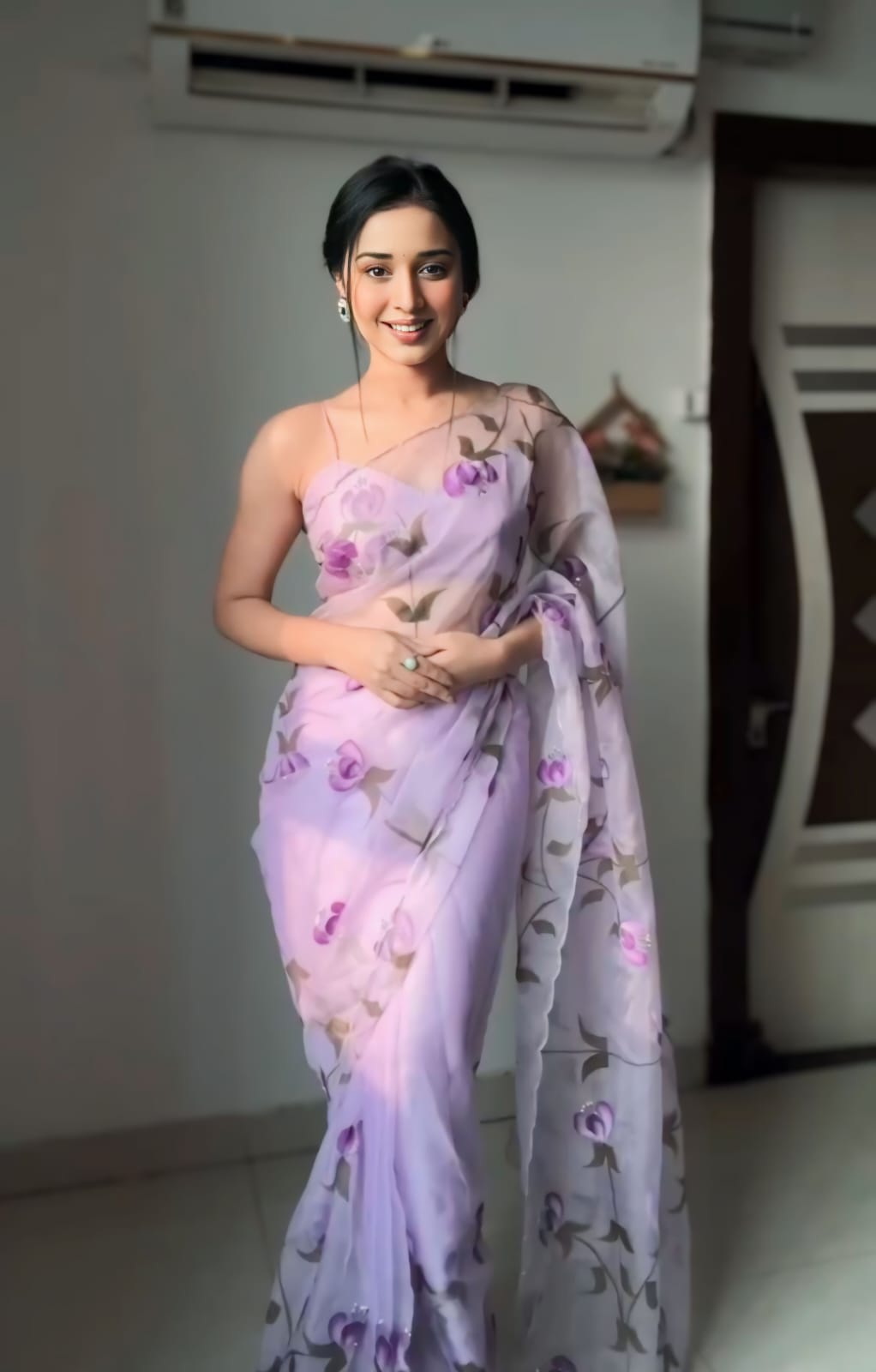 Quintessential 1 Minute Ready To Wear Lavender Organza Floral Digital Printed Saree
