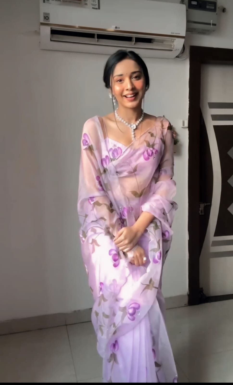 Quintessential 1 Minute Ready To Wear Lavender Organza Floral Digital Printed Saree