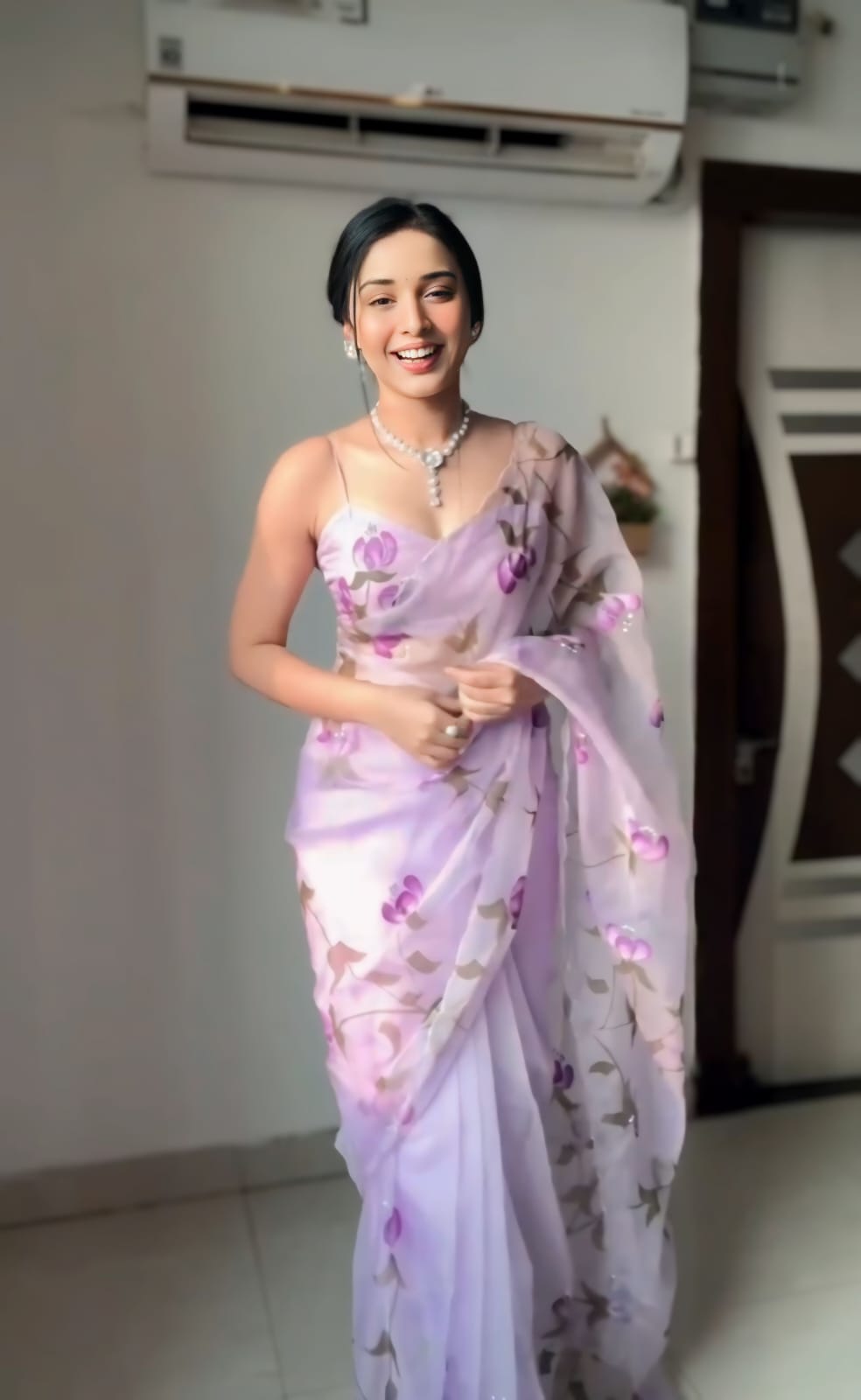 Quintessential 1 Minute Ready To Wear Lavender Organza Floral Digital Printed Saree
