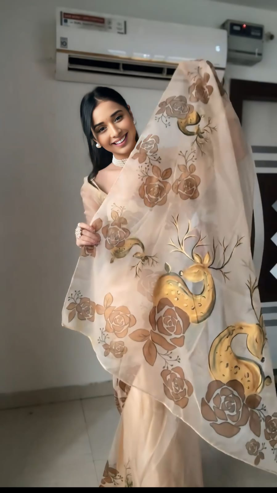 Incomparable 1 Minute Ready To Wear Beige Organza Floral Digital Printed Saree