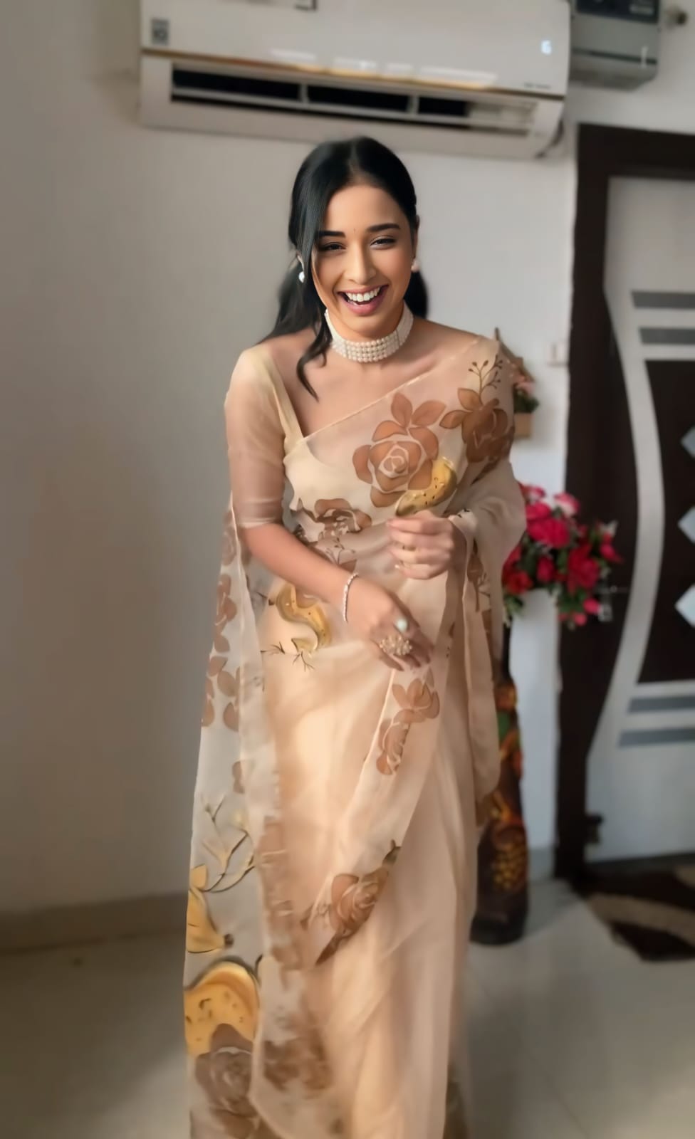 Incomparable 1 Minute Ready To Wear Beige Organza Floral Digital Printed Saree