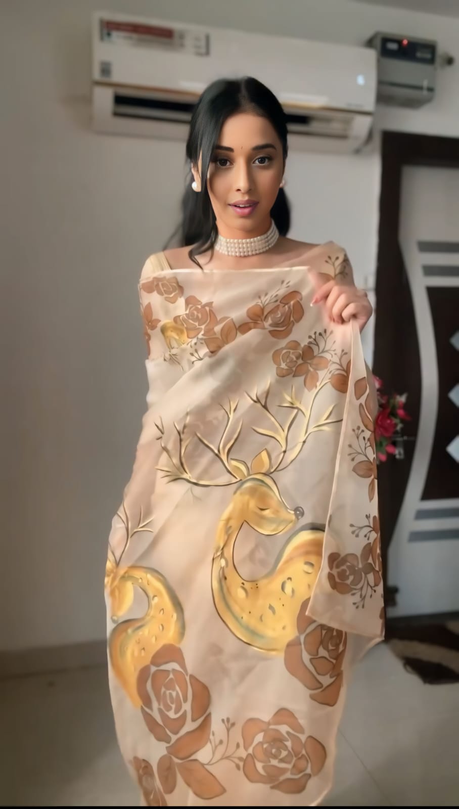 Incomparable 1 Minute Ready To Wear Beige Organza Floral Digital Printed Saree