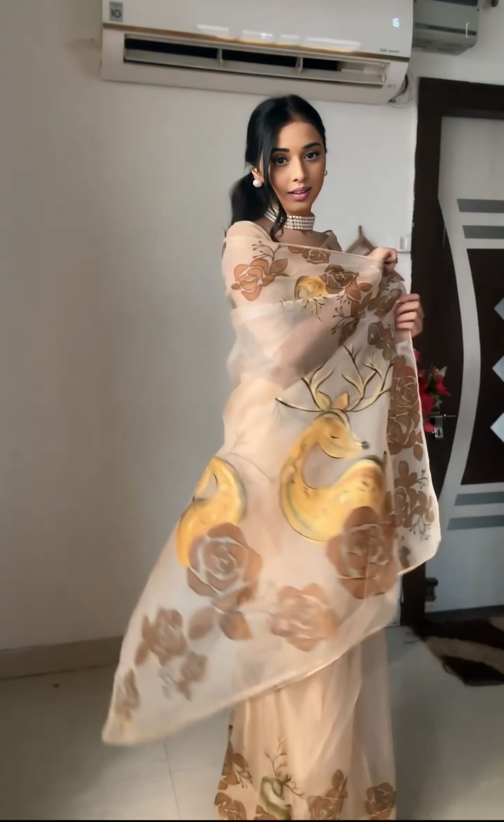 Incomparable 1 Minute Ready To Wear Beige Organza Floral Digital Printed Saree