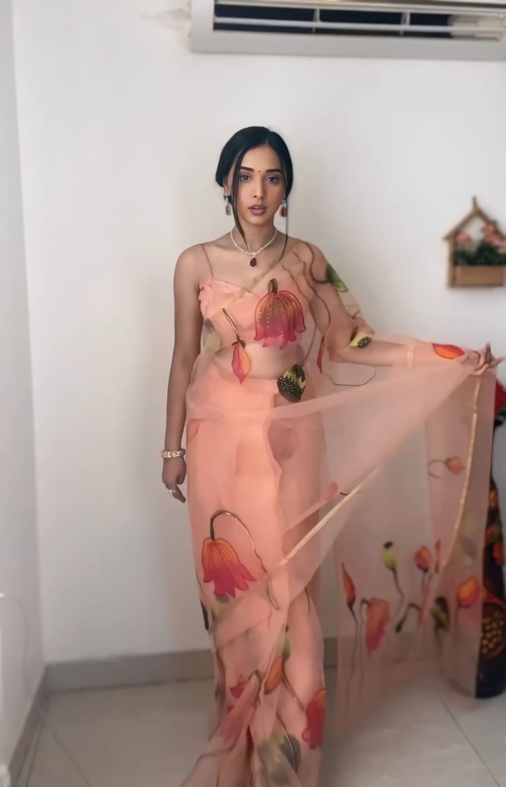 Mesmeric 1 Minute Ready To Wear Peach Organza Floral Digital Printed Saree