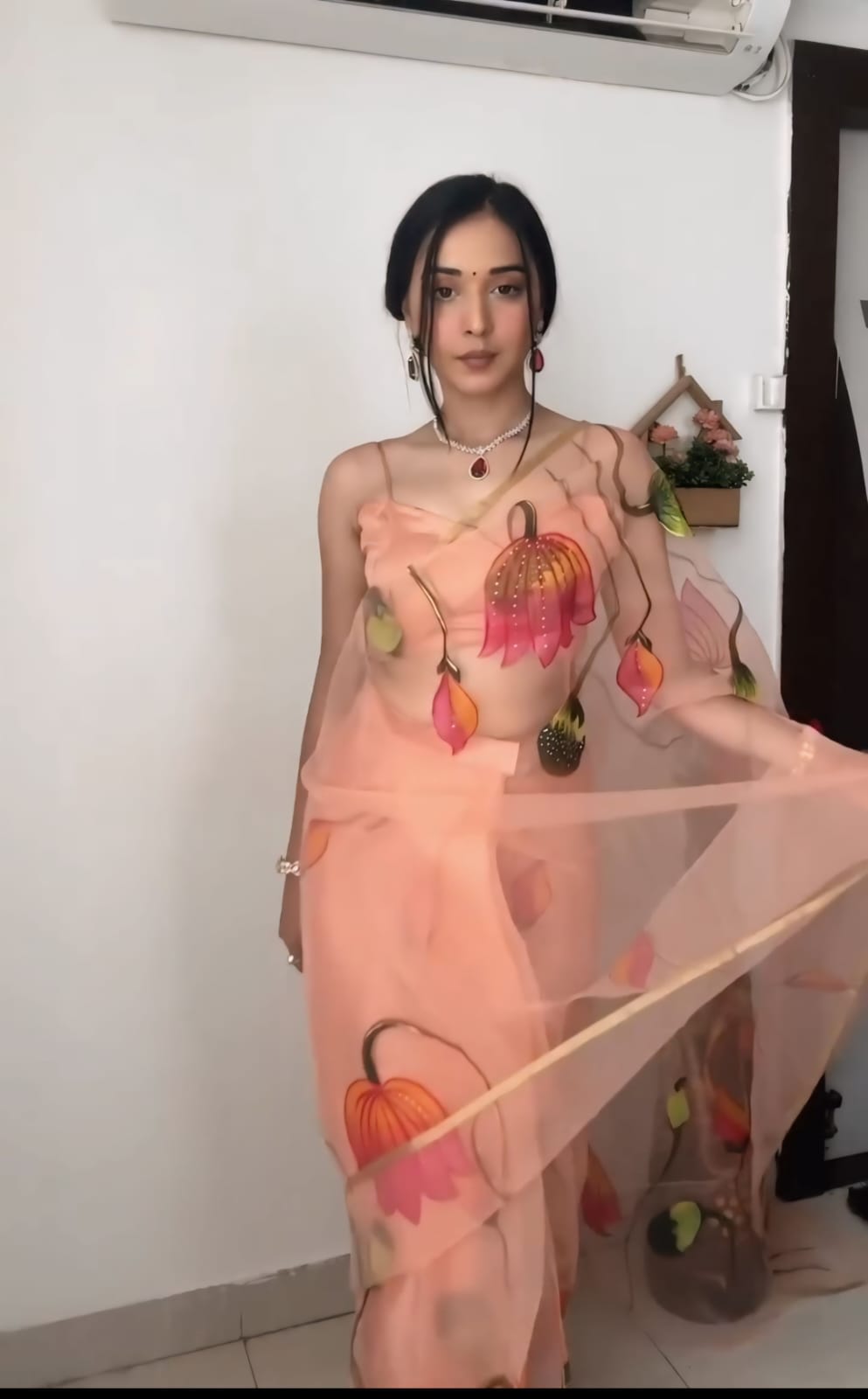 Mesmeric 1 Minute Ready To Wear Peach Organza Floral Digital Printed Saree