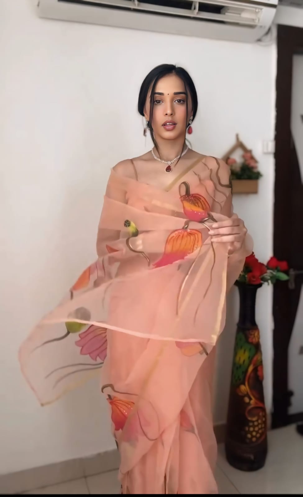 Mesmeric 1 Minute Ready To Wear Peach Organza Floral Digital Printed Saree