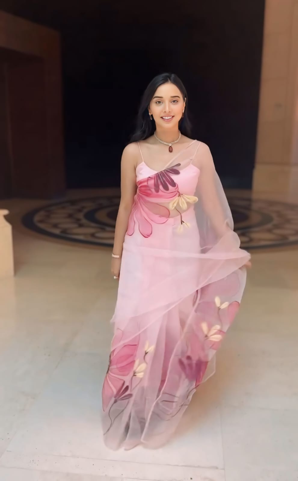 Pleasurable 1 Minute Ready To Wear Baby Pink Organza Floral Digital Printed Saree